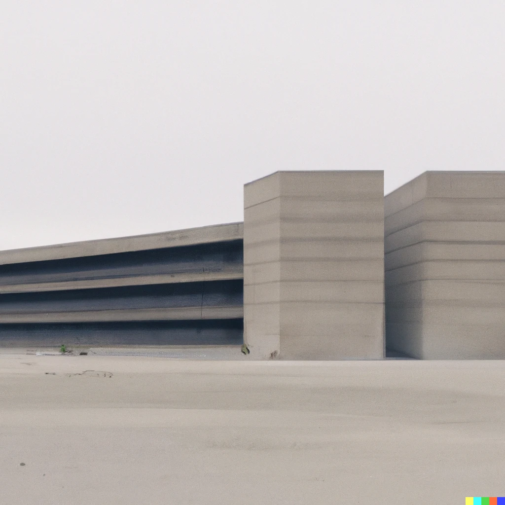 Prompt: Exterior of an endless library, the brutalist architecture gradually submitting to rust and decay as the concrete begins to crack and crumble. The sands of the old desert fade away into the horizon like the pages of a book. 