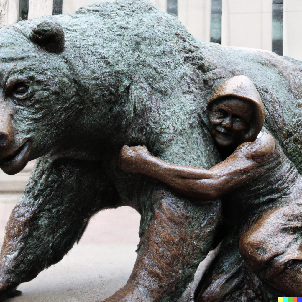 Prompt: A granny wrestling a bear, a statue for Wall Street