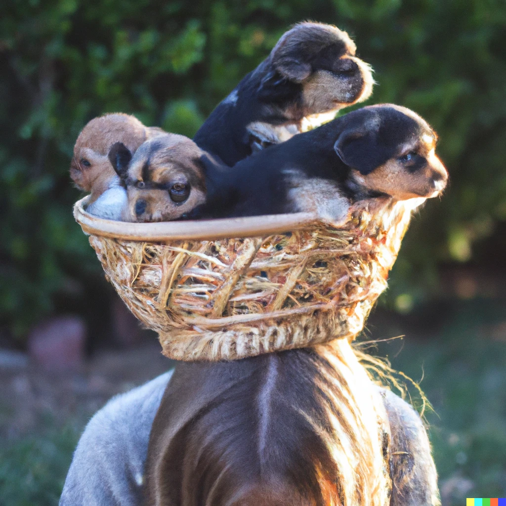 Prompt: A basket full of baby dogs on a girls head