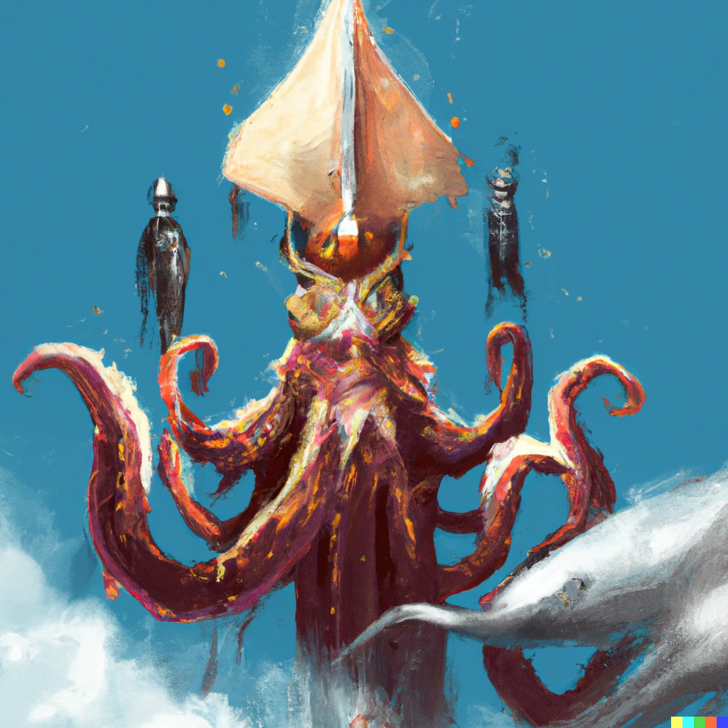Prompt: A giant squid, king, leading his people into a glorious, holy war digital art 