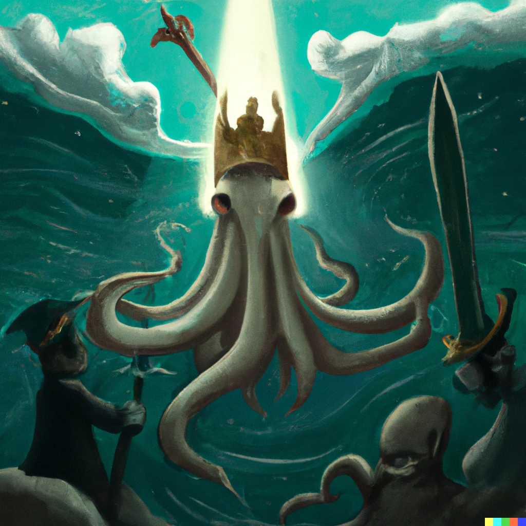 Prompt: A giant squid, king, leading his people into a glorious, holy war digital art 