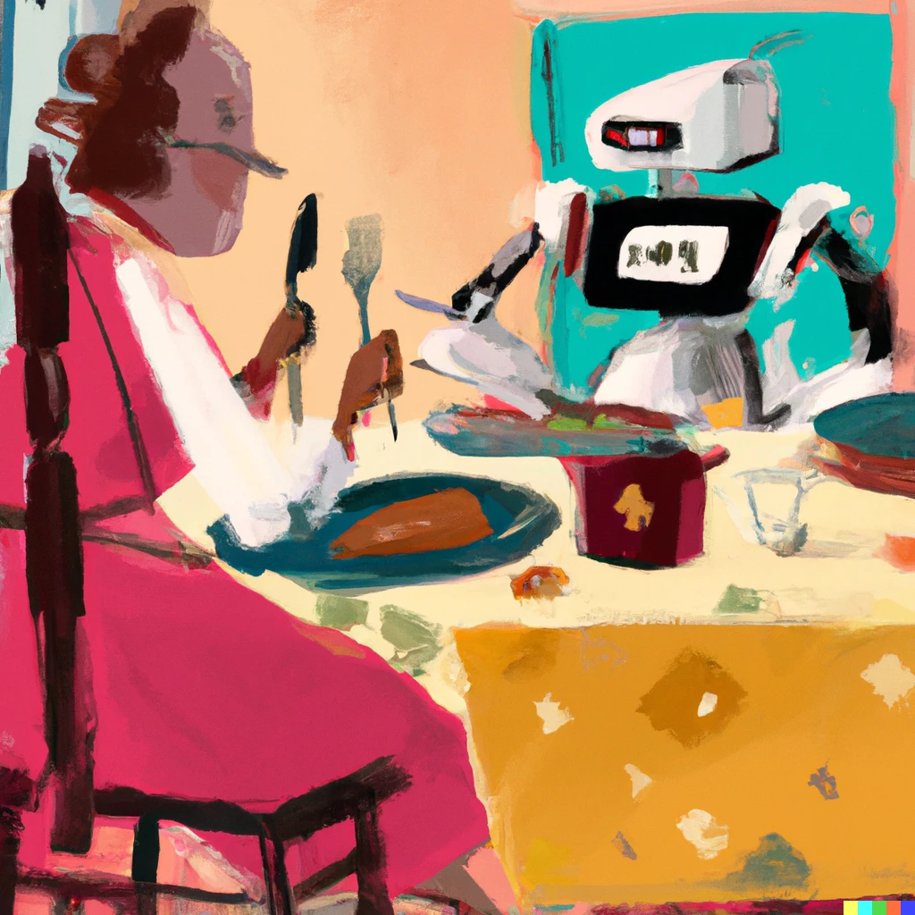 Prompt: Painting of An robot making dinner for grandma