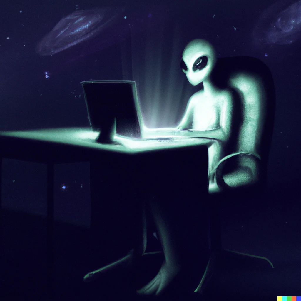 Alien sitting at a desk, floating in space, coding, digital illustration