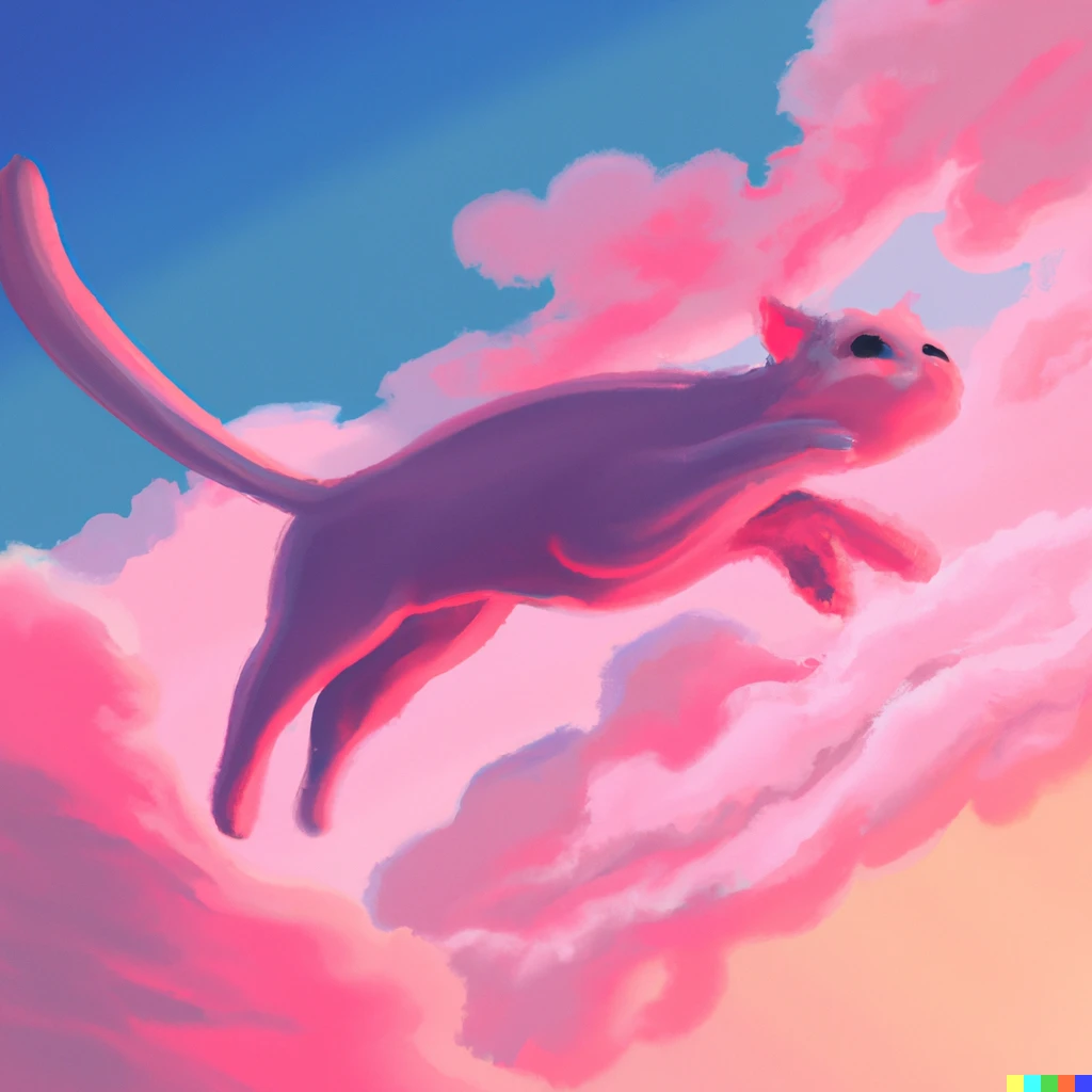An illustration of a cat flying in the sky during sunset, pink clouds, digital art, artstation, high res