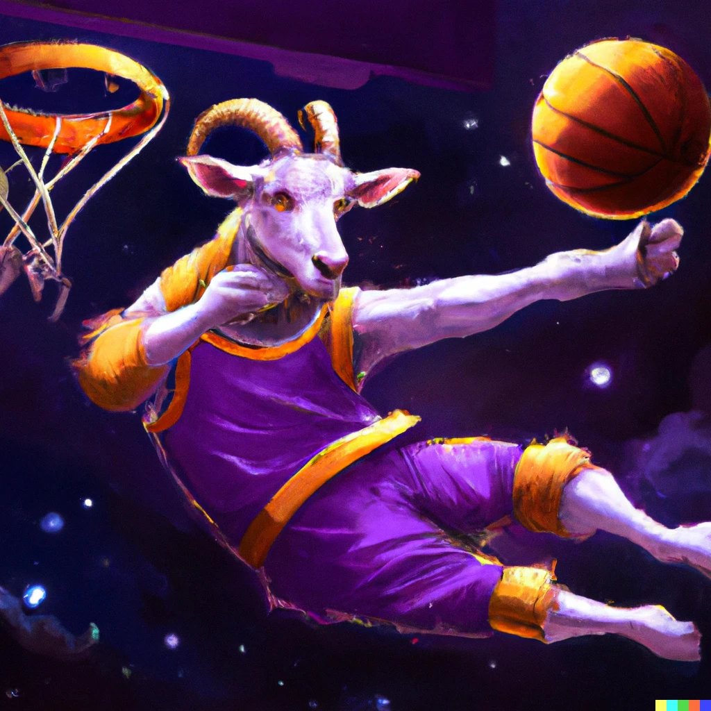 A goat dunking a basketball into a hoop floating in space, wearing an LA Lakers purple and yellow jersey, digital illustration, artstation