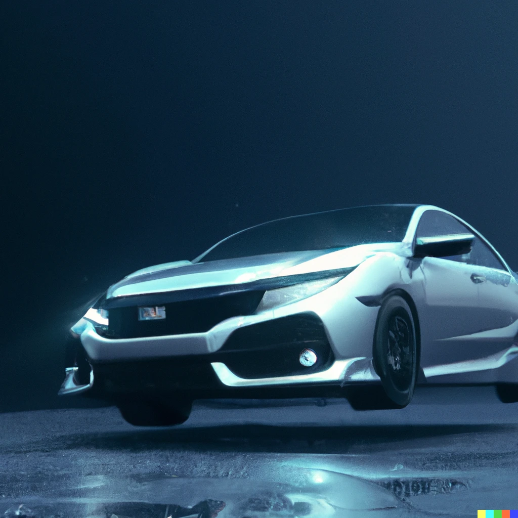 A silver Honda Civic car with a black hood in the front, floating in outer space, blue lighting, reflections, artstation, high res, digital art