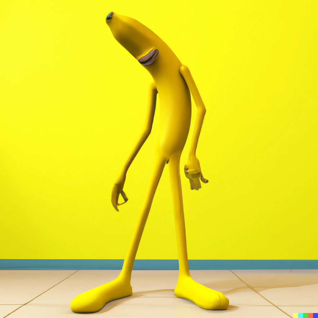 3D render of a humanoid smiling cartoon banana character in a plain and bright yellow room
