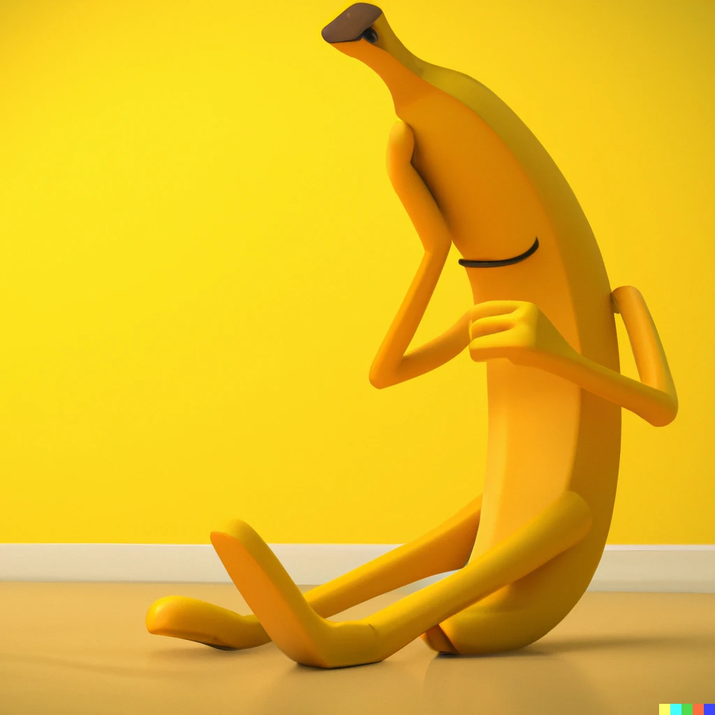 3D render of a humanoid cartoon banana character facepalming, in a plain and bright yellow room, realistic, high res