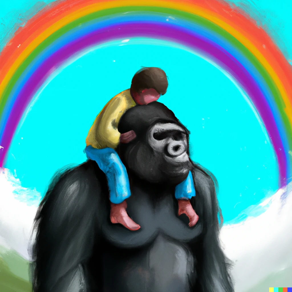 A massive gorilla and a boy hugging under a rainbow, bright blue daytime sky, digital illustration, artstation