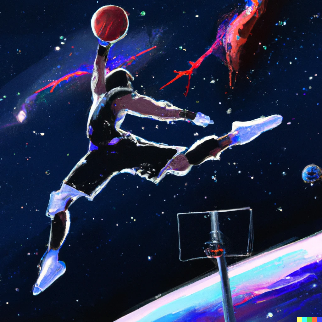 An illustration of a basketball player dunking in outer space, digital art, artstation