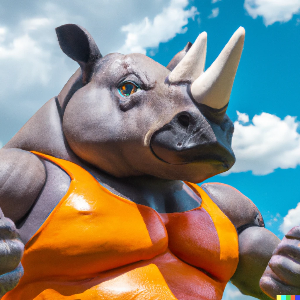 Prompt: anthropomorphic rhino powerful giant monster muscular pecs biceps bloated round belly gut strongman, outdoors, during a tournament, low angle photo, full body