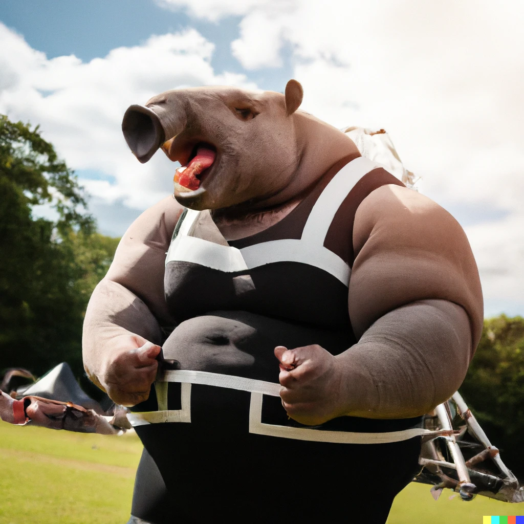 Prompt: anthropomorphic tapir muscular pecs biceps bloated round belly gut strongman, outdoors, during a tournament, low angle photo, full body