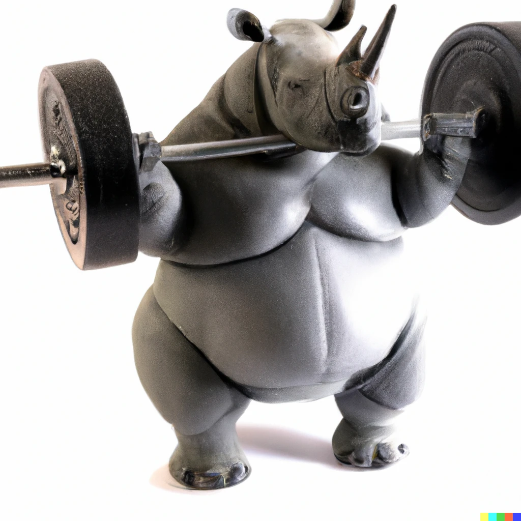 Prompt: weightlifter round belly rhino realistic photo