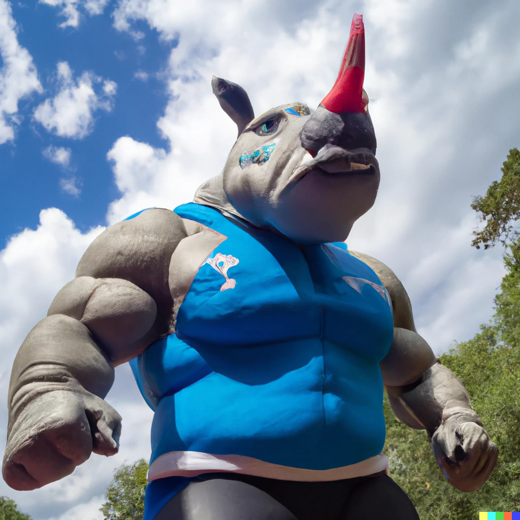 Prompt: anthropomorphic rhino powerful monster muscular pecs biceps bloated round belly gut strongman, outdoors, during a tournament, low angle photo, full body