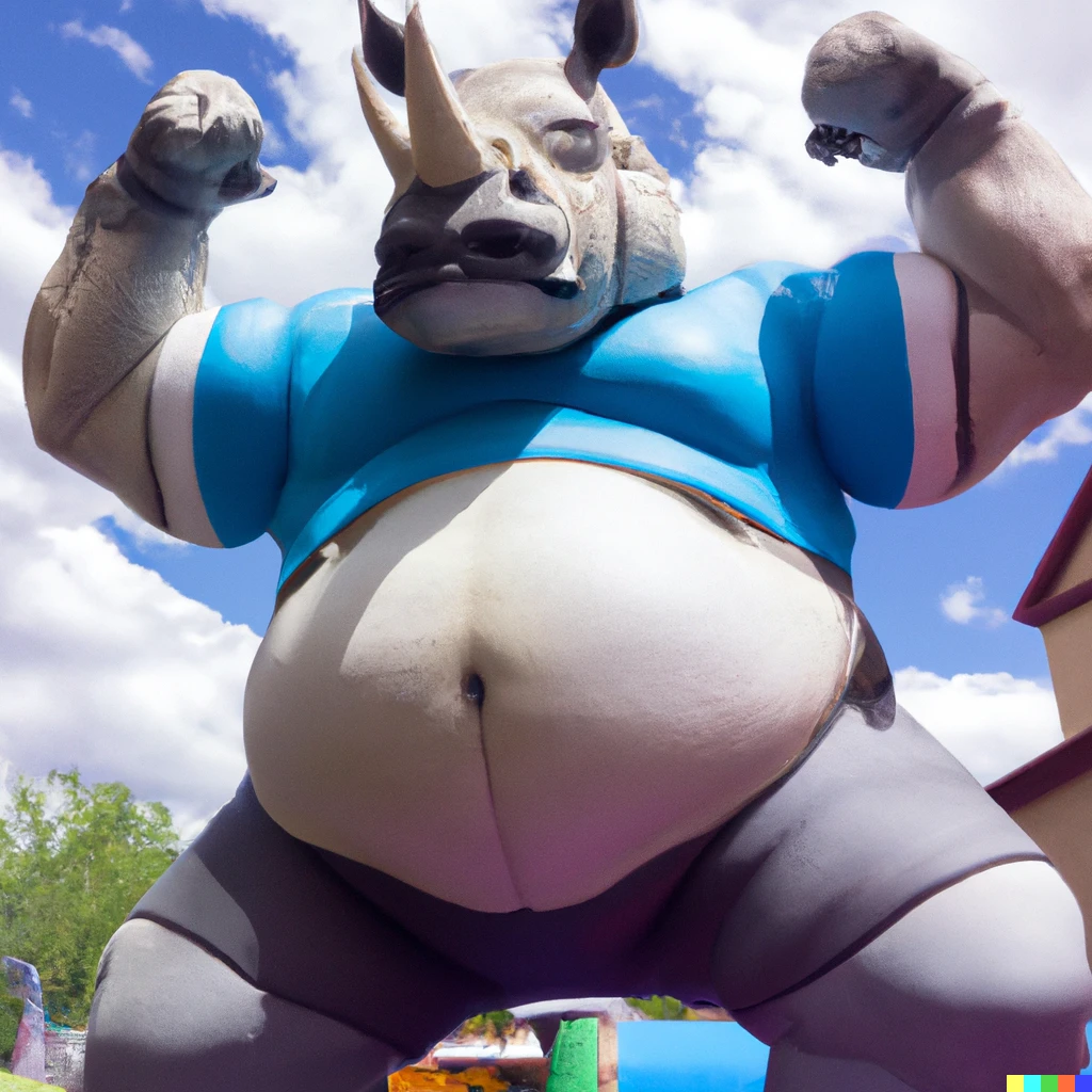 Prompt: anthropomorphic rhino powerful giant inflating monster muscular pecs biceps bloated round belly gut strongman, outdoors, during a tournament, low angle photo, full body