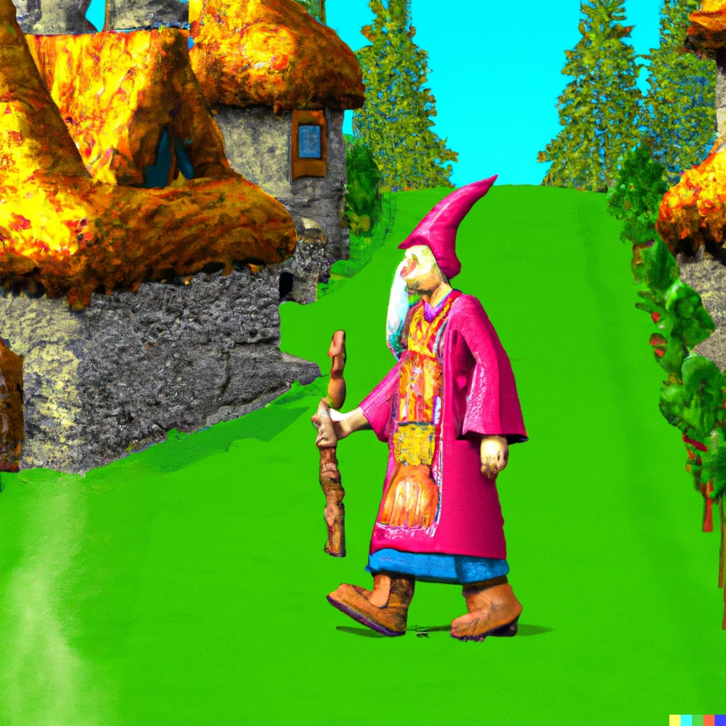 Prompt: a video game screenshot of a wizard arriving to a village