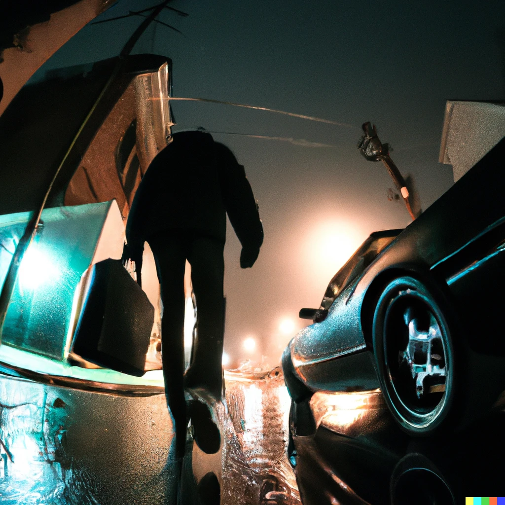 Prompt: A photo from behind of a man standing  along his muscle car holding a briefcase, in a dark alley at night with rain and fog, streetlights illuminating the scene, fish eye lens
