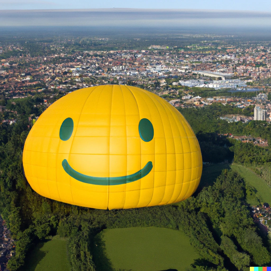 Prompt: a photo taken from an helicopter of a massive smiley face balloon deflating into a city