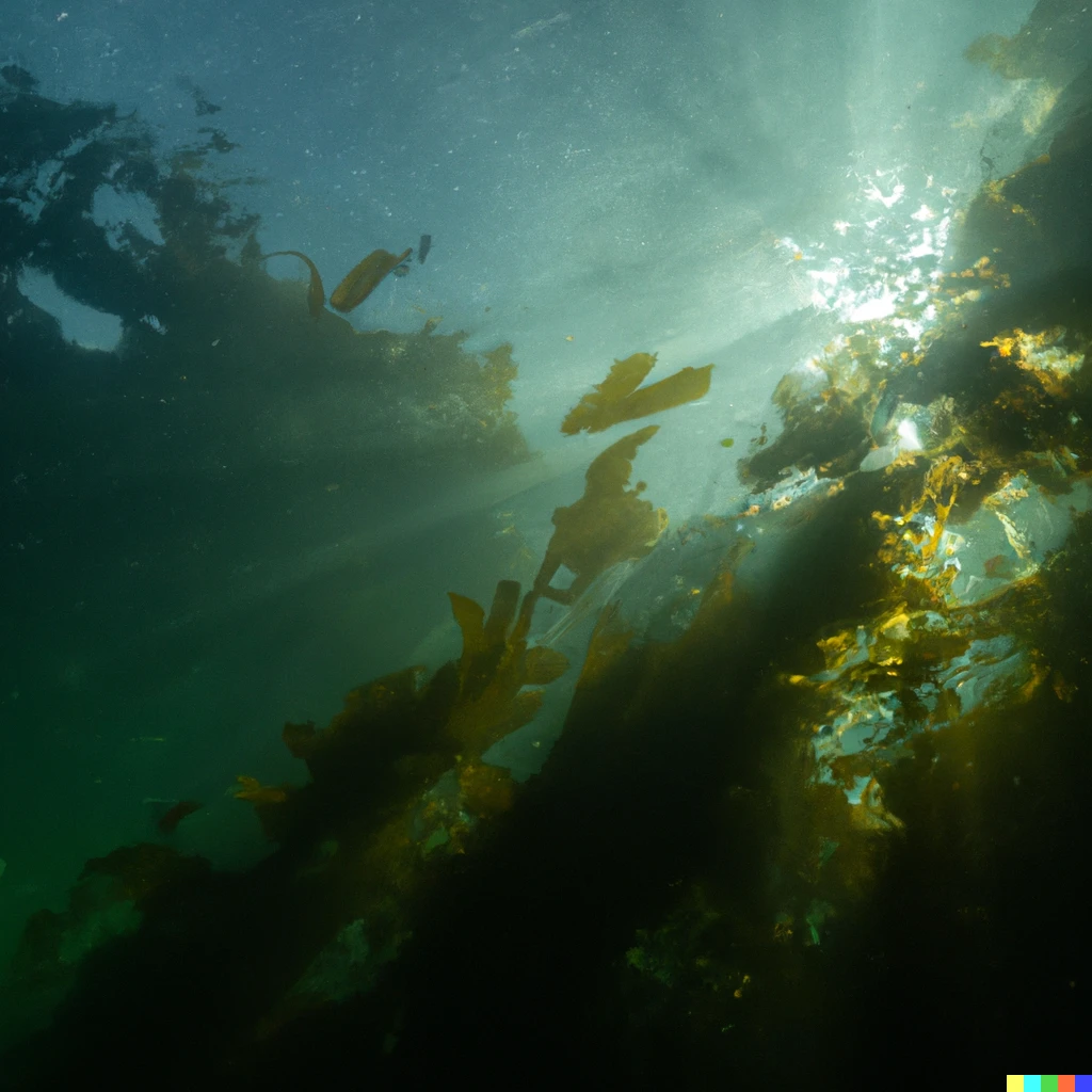 Prompt: a photo taken undersea at a kelp forest looking towards the surface with rays of sunlight