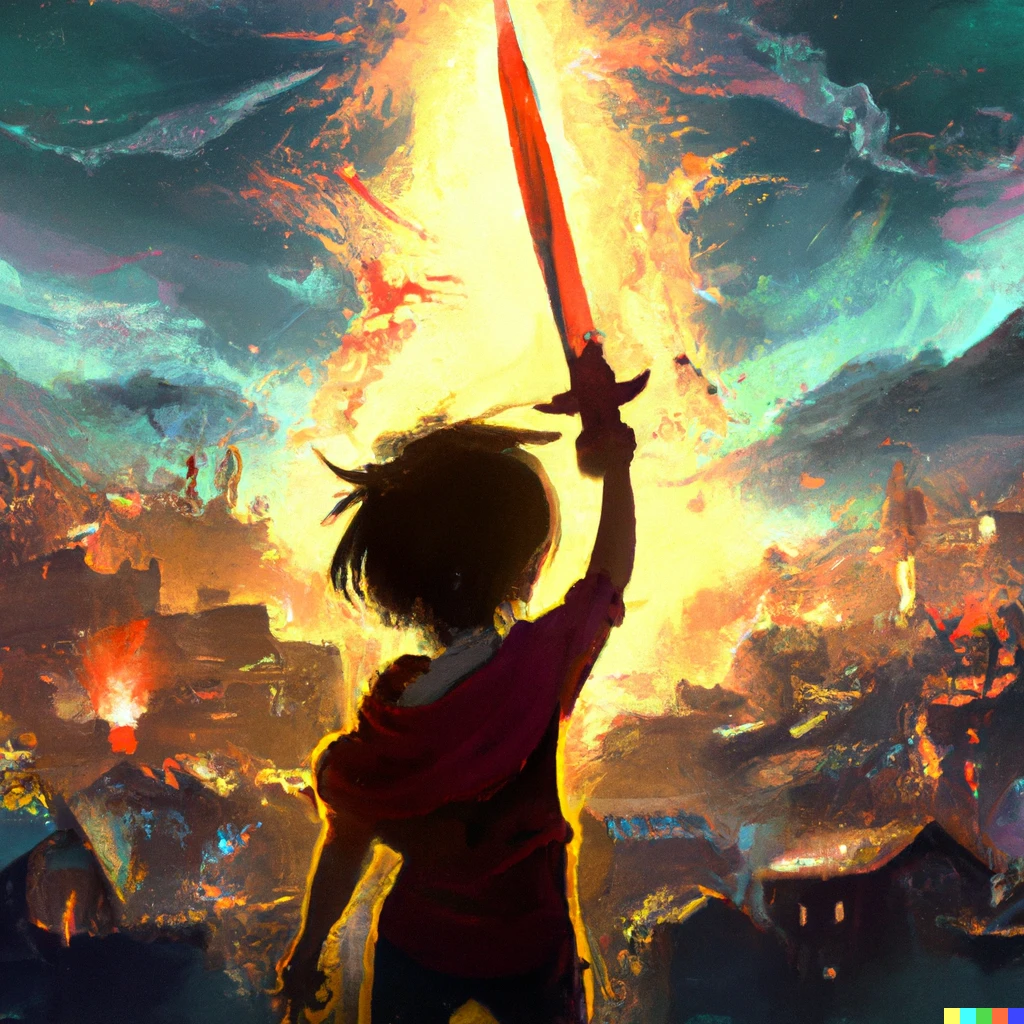 Prompt: a kid holding a sword to the air and light rays shining on it, a village in the background in flames and the town people cheering, digital art