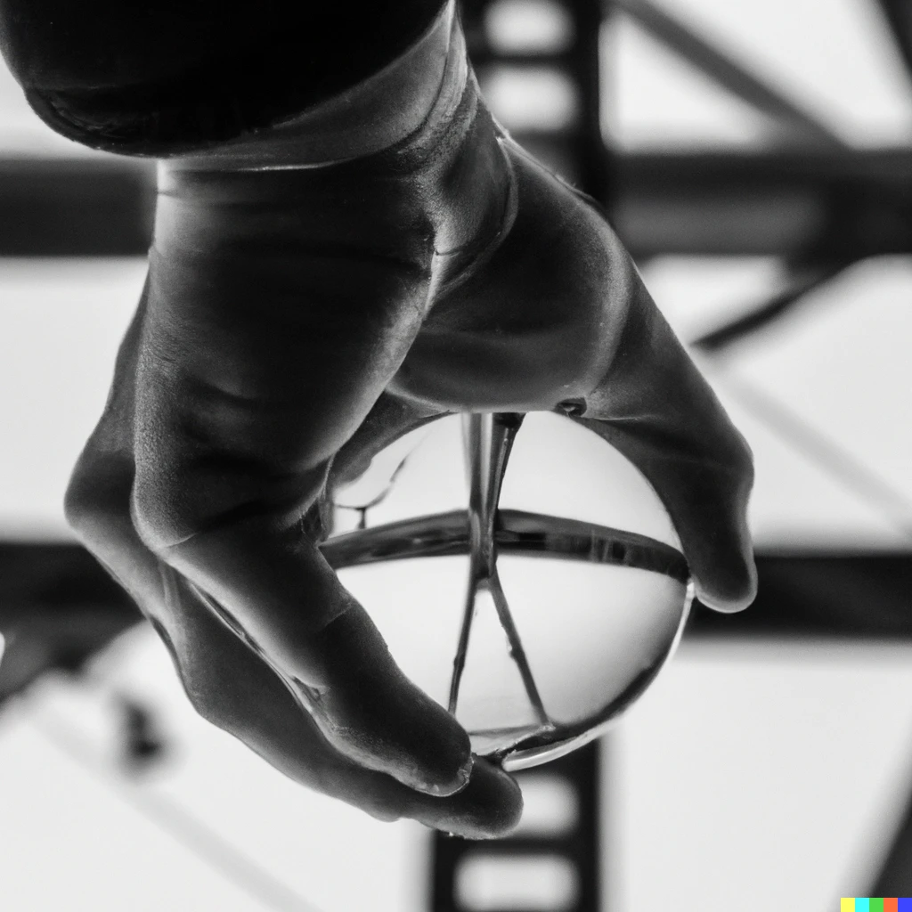 Prompt: a man holding a glass ball, black and white, industrial background