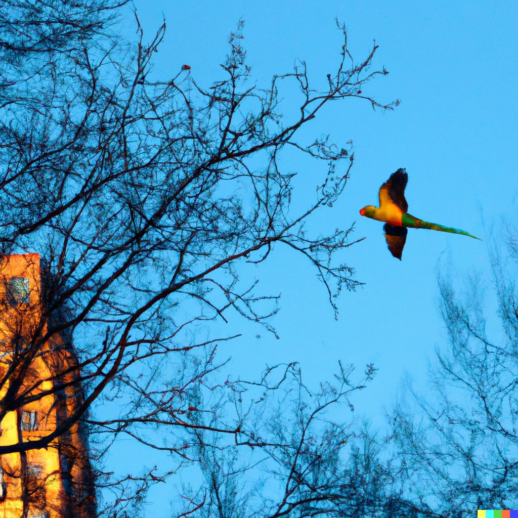 Prompt: a photo of a giant parakeet flying above central park, new york, in the late evening
