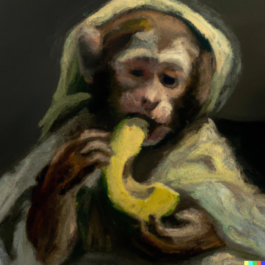 Prompt: a lost vermeer painting of a monkey eating an avocado
