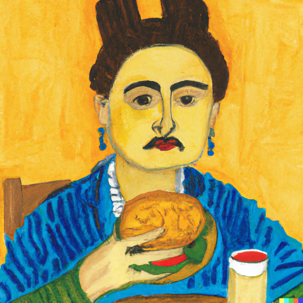 Prompt: frieda kahlo eating a burger in the style of van gogh