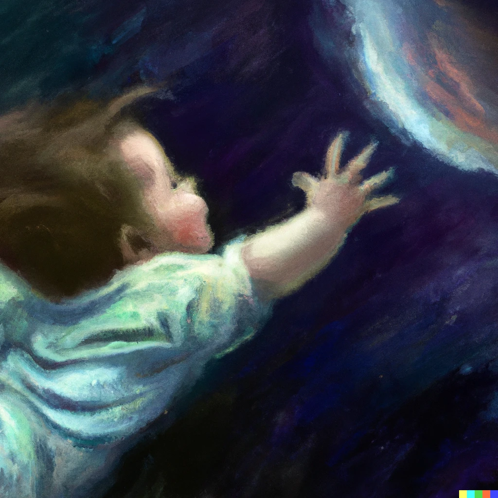 Prompt: A baby floating in space reaching for a gas giant, rendered in atmospheric impressionistic oil paint