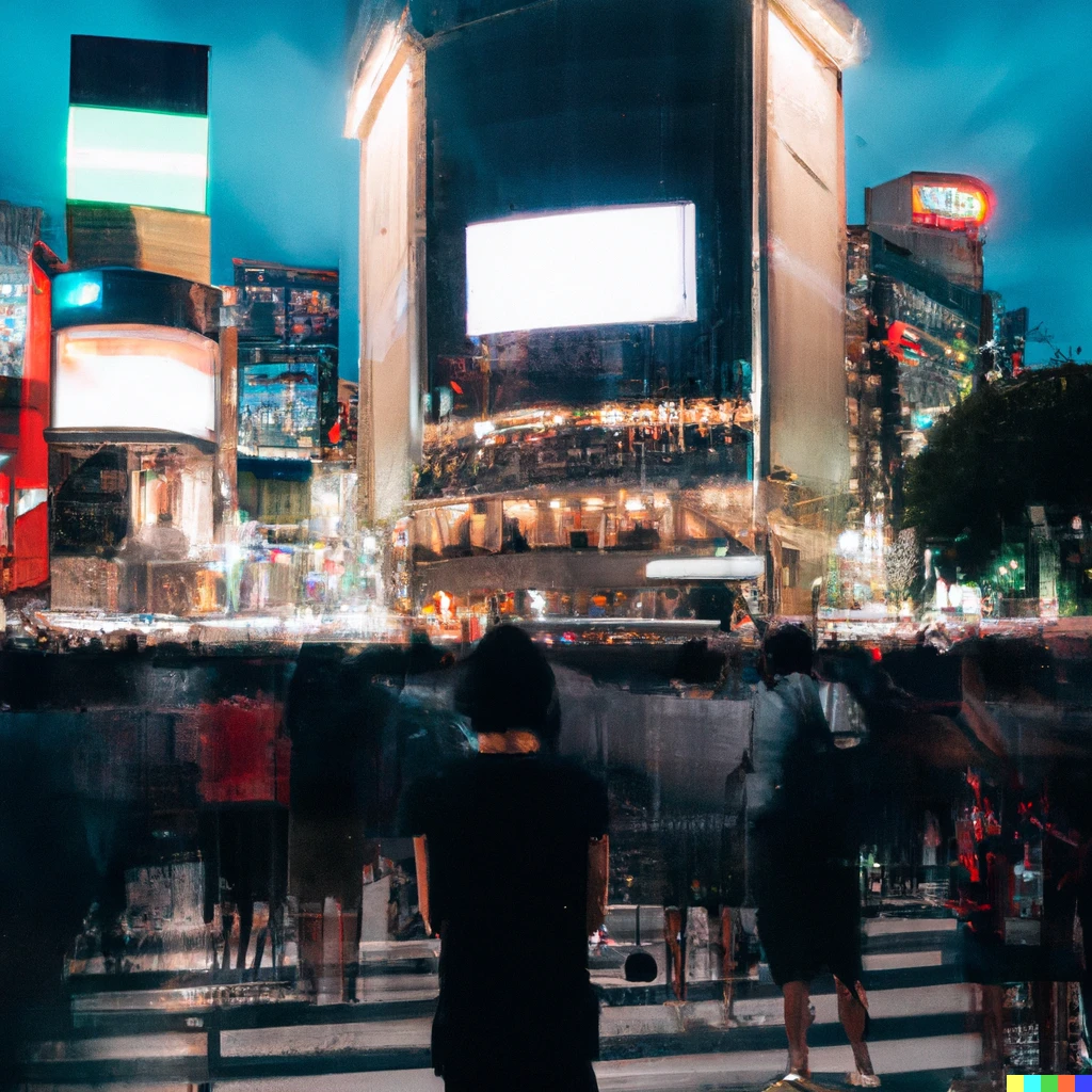 Prompt: a photo of shibuya crossing in the evening, a crowd waiting at the edges, a lone figure in the middle pointing upwards, neon lights