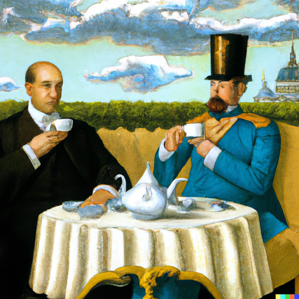 Prompt: A rene magritte style painting of Modern Russian President drinking tea with a Russian czar in 1870