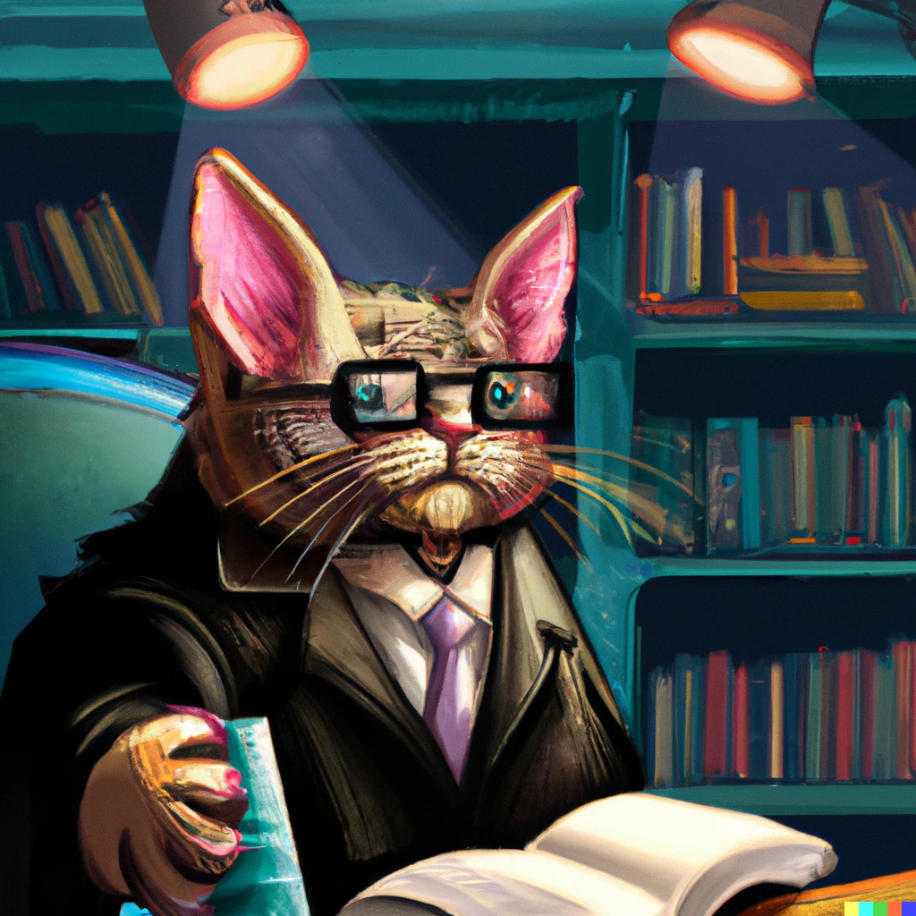 Prompt: A cat proffessor holding a lecture at an university, cyberpunk