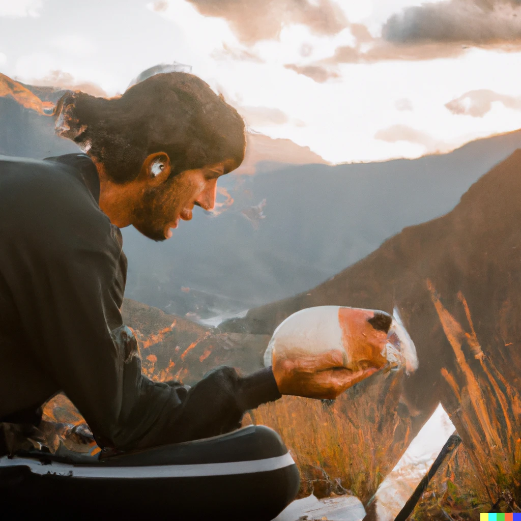 Prompt: a vibrant photo of a peruvian hacker sitting in the andes using a guinea pig as a mouse outdoors, sunset photo at golden hour