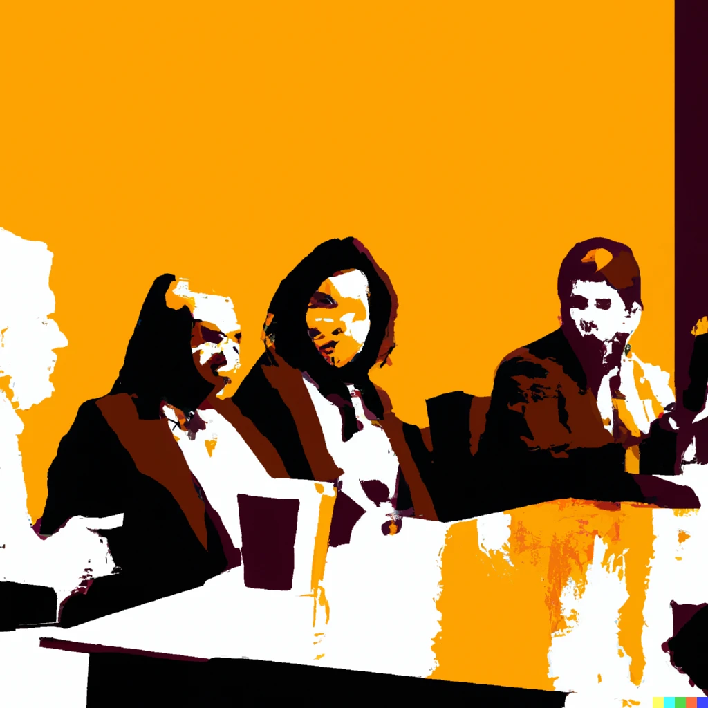 Prompt: An Andy Warhol style painting of a faculty meeting