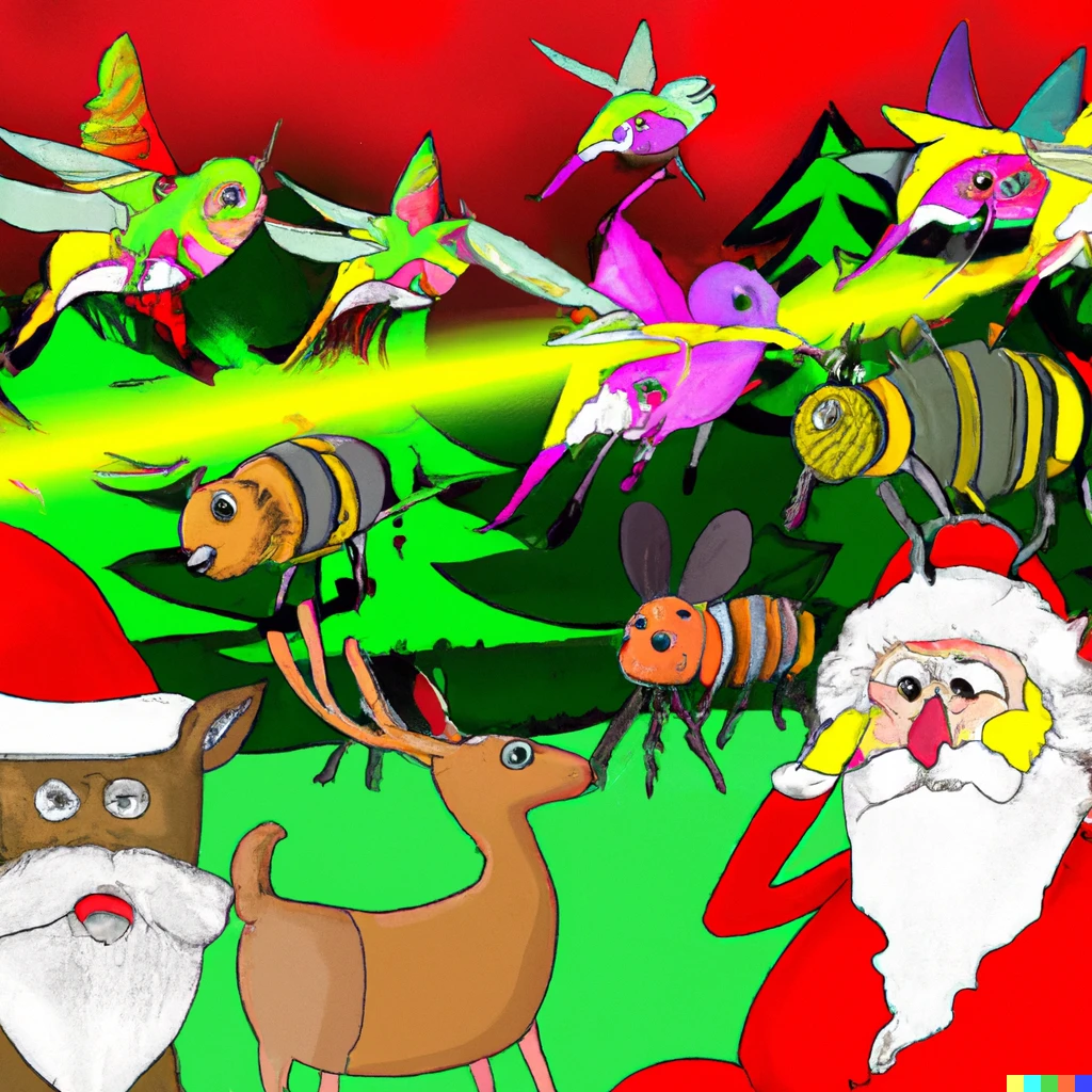 Prompt: hummingbirds and bumblebees attacking Santa Claus and his reindeer with lasers