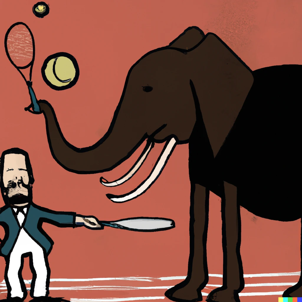 Prompt: abe lincoln playing tennis against an elephant