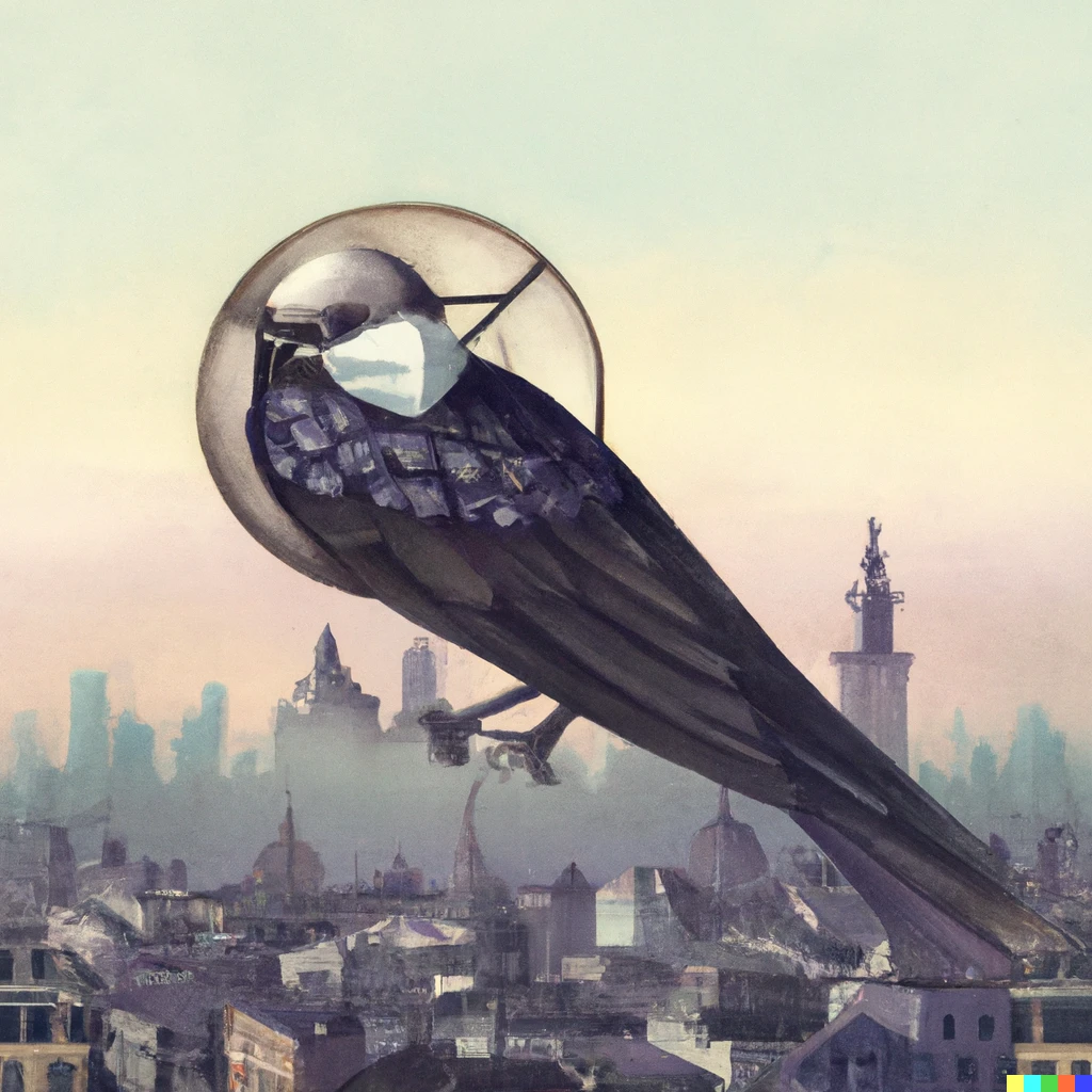 Prompt: bird in a plague mask floating above a cityscape in the style of franz roh