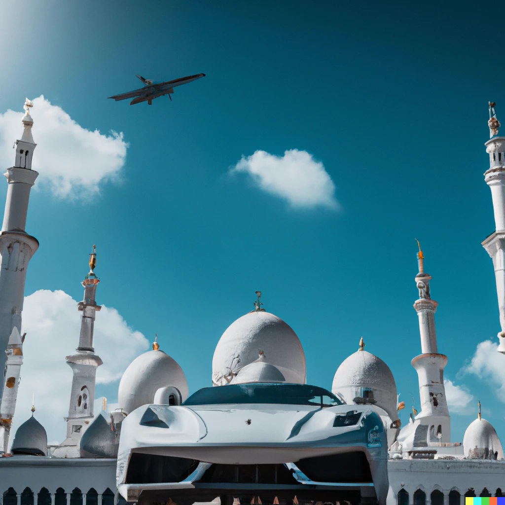 Prompt: A photo of a white Lamborghini flying over Sheikh Zayed Mosque in Abu Dhabi, Dubai. Detailed 4K photograph, sunny, blue sky, action shot 