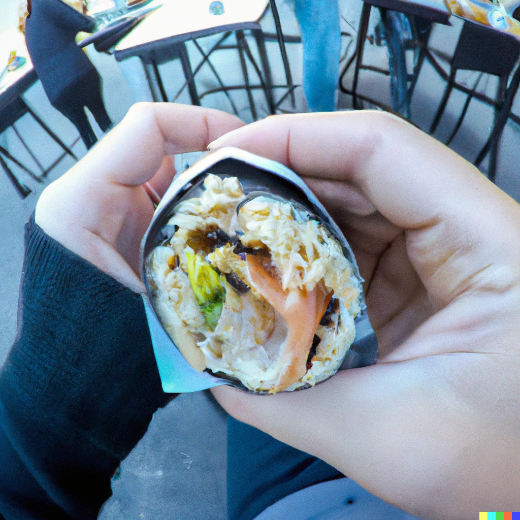 Prompt: A GoPro shot of someone holding a sushiritto—a burrito and sushi combined