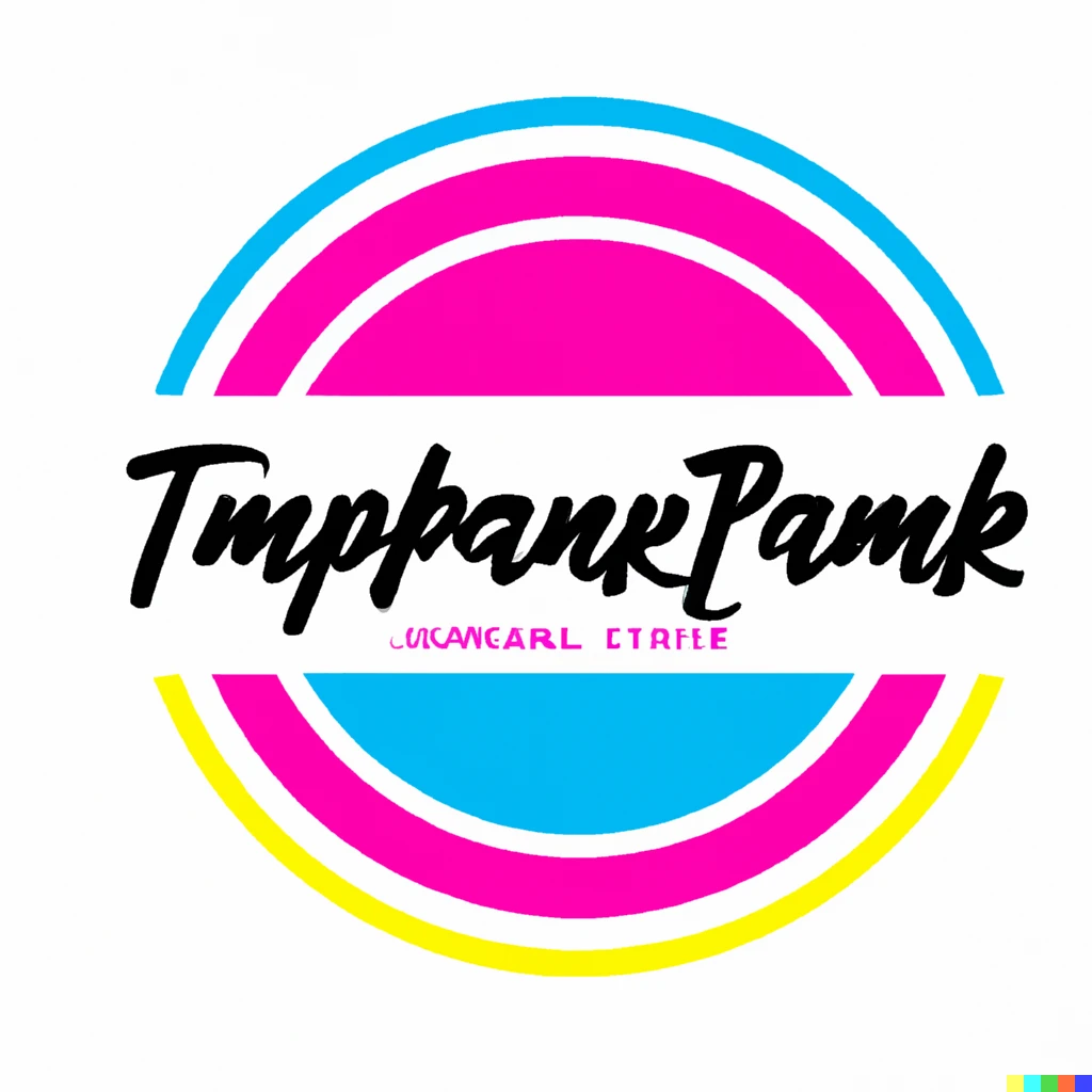 Prompt: A logo for a trampoline park. Pink, yellow, and blue colours.