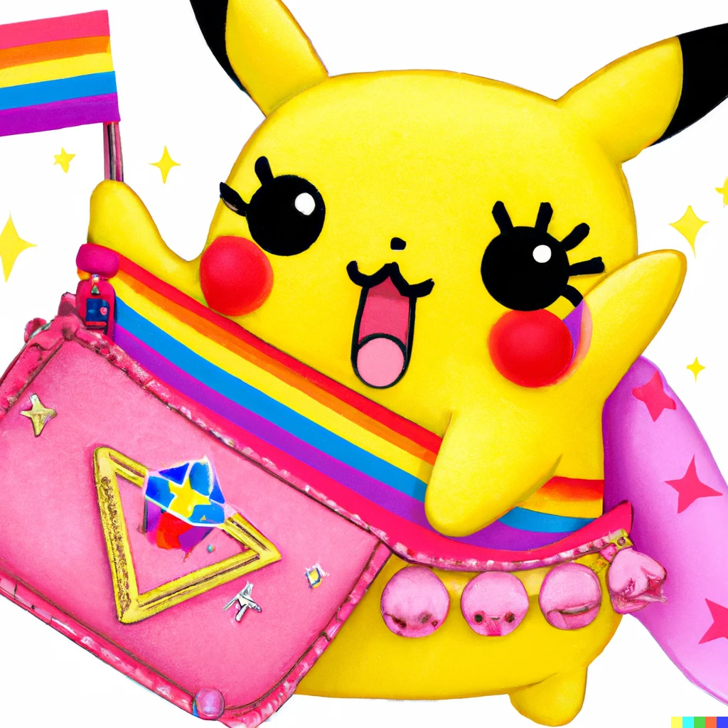 Prompt: Pikachu holding a gay pride flag and clutching onto a big pink purse with embedded diamond rhinestones, fan art, cute digital drawing