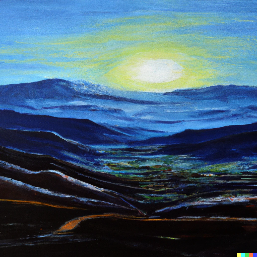 Prompt: Morning sun rising through the Atlas Mountains, Morocco, Oil painting, expressive, cyan sky