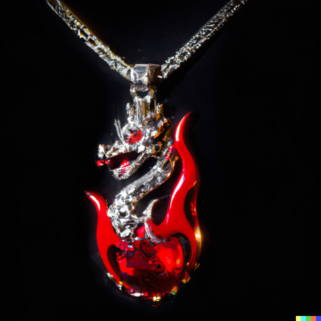 Prompt: A red diamond necklace of a dragon breathing fire, studio lighting, black background 