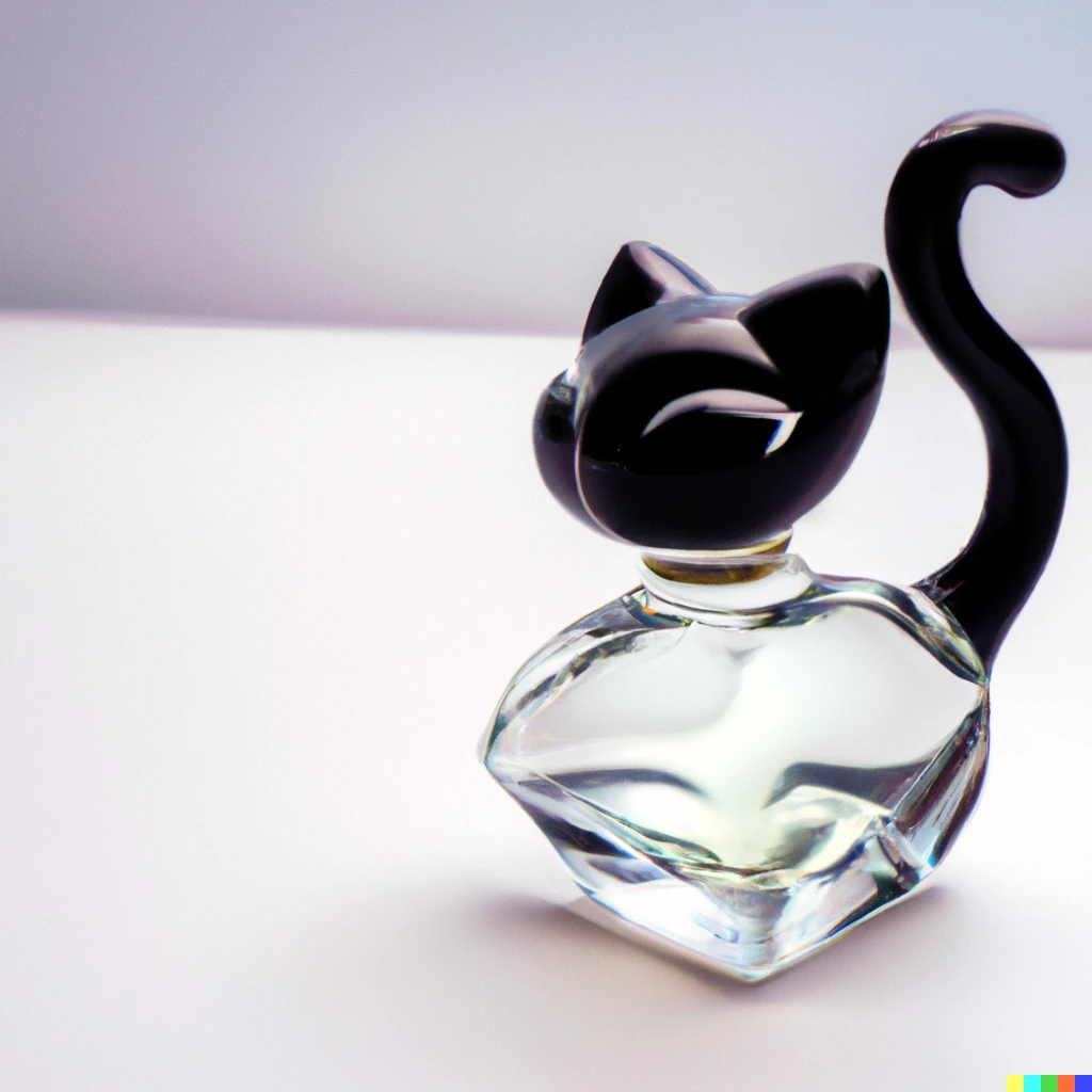 Prompt: a perfume bottle made of glass and water in the shape of a cat