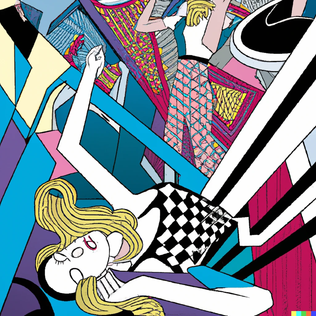 Prompt: Painting by Roy Lichtenstein: "Women falling into Vaporware universe"