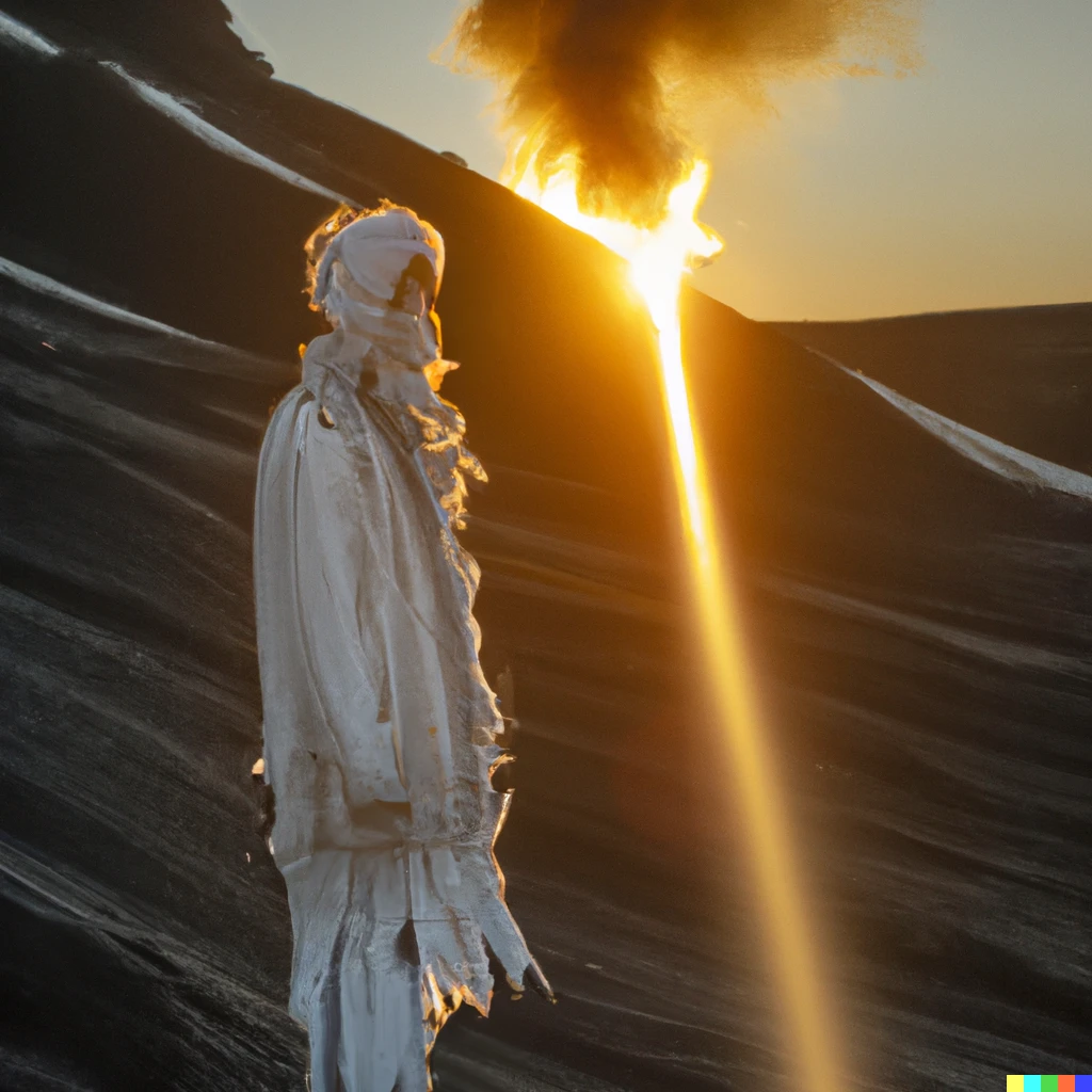 Prompt: A photograph taken for an advertisement campaign of a man in eccentric, avant-garde clothing made out of ice, standing on the side of a volcano. There is fire and lava flowing around him where he is standing. Morning light, sun flares, 35mm, ad campaign 