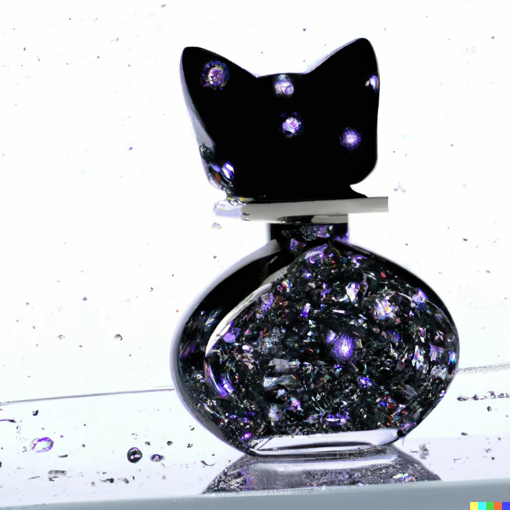 Prompt: a cat-shaped perfume bottle made out of diamonds, filled with the Milky Way galaxy. white background, 4k