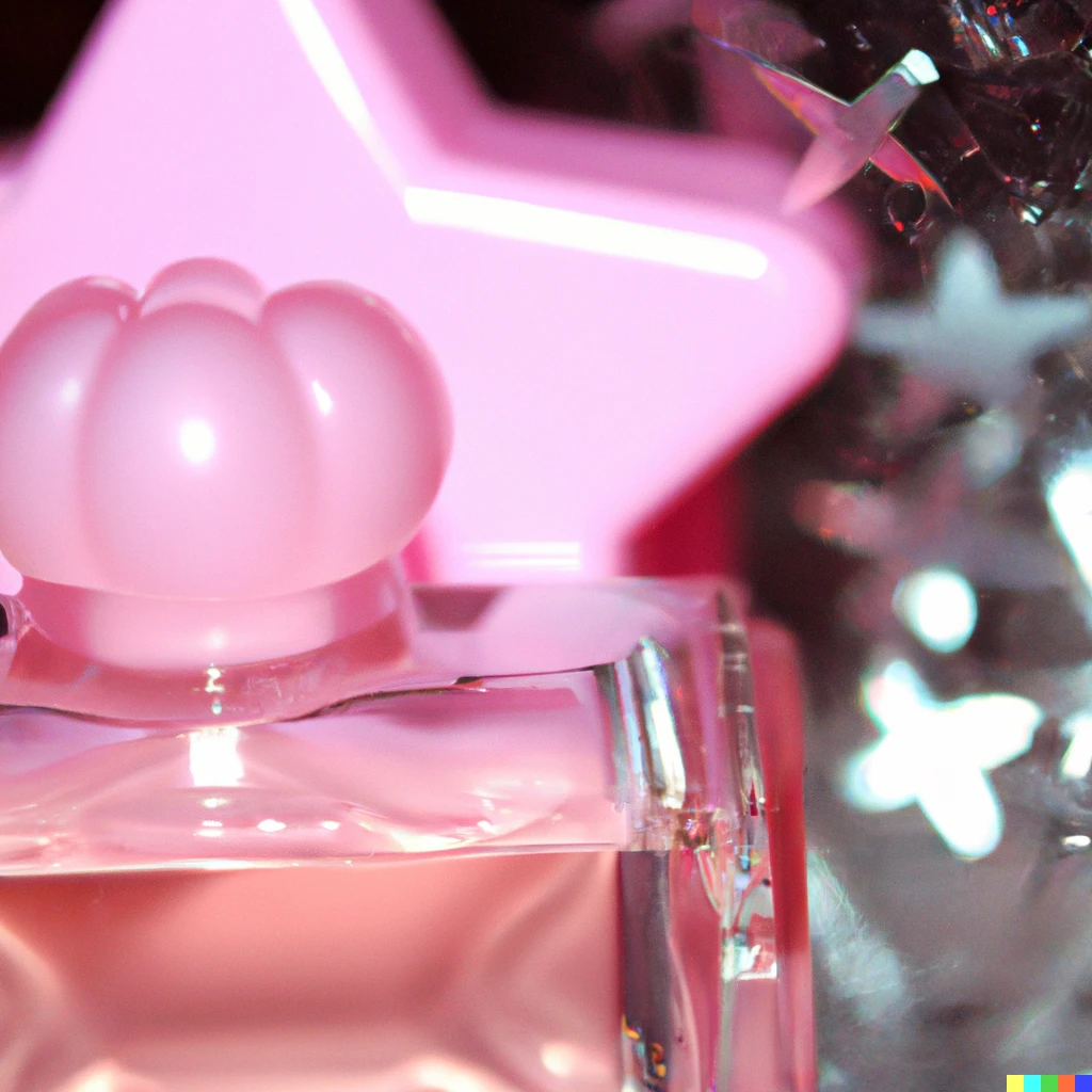 Prompt:  a clear pink perfume bottle in the shape of kirby, stars in background