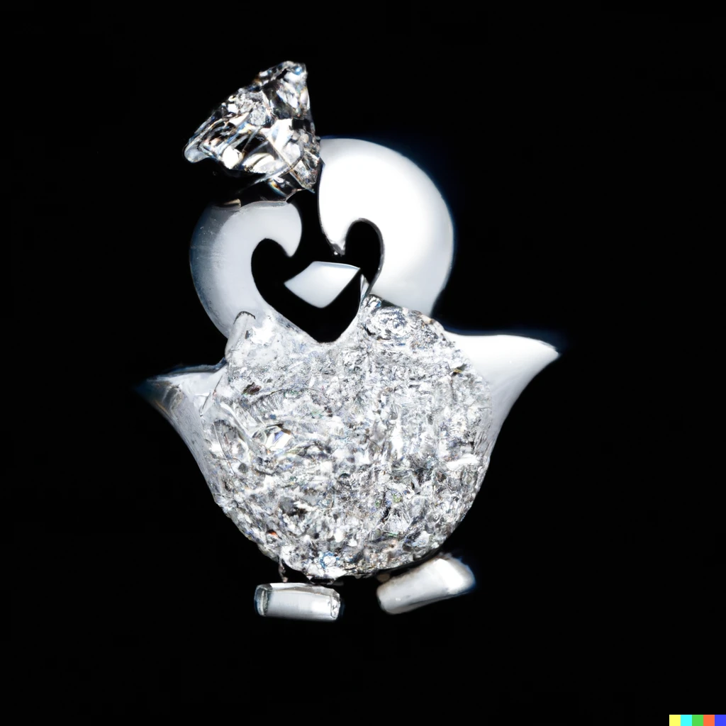 Prompt: Diamond jewelry based on club penguin character, black background, macro-shot