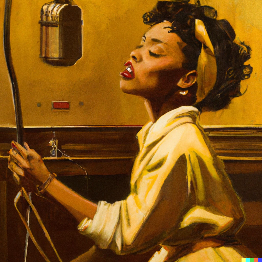 Prompt: “Singer Rihanna recording music in a golden music studio, moody lighting.” Oil painting by Norman Rockwell